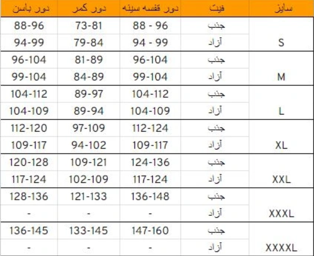 جدول سایزبندی لباس های مردانه